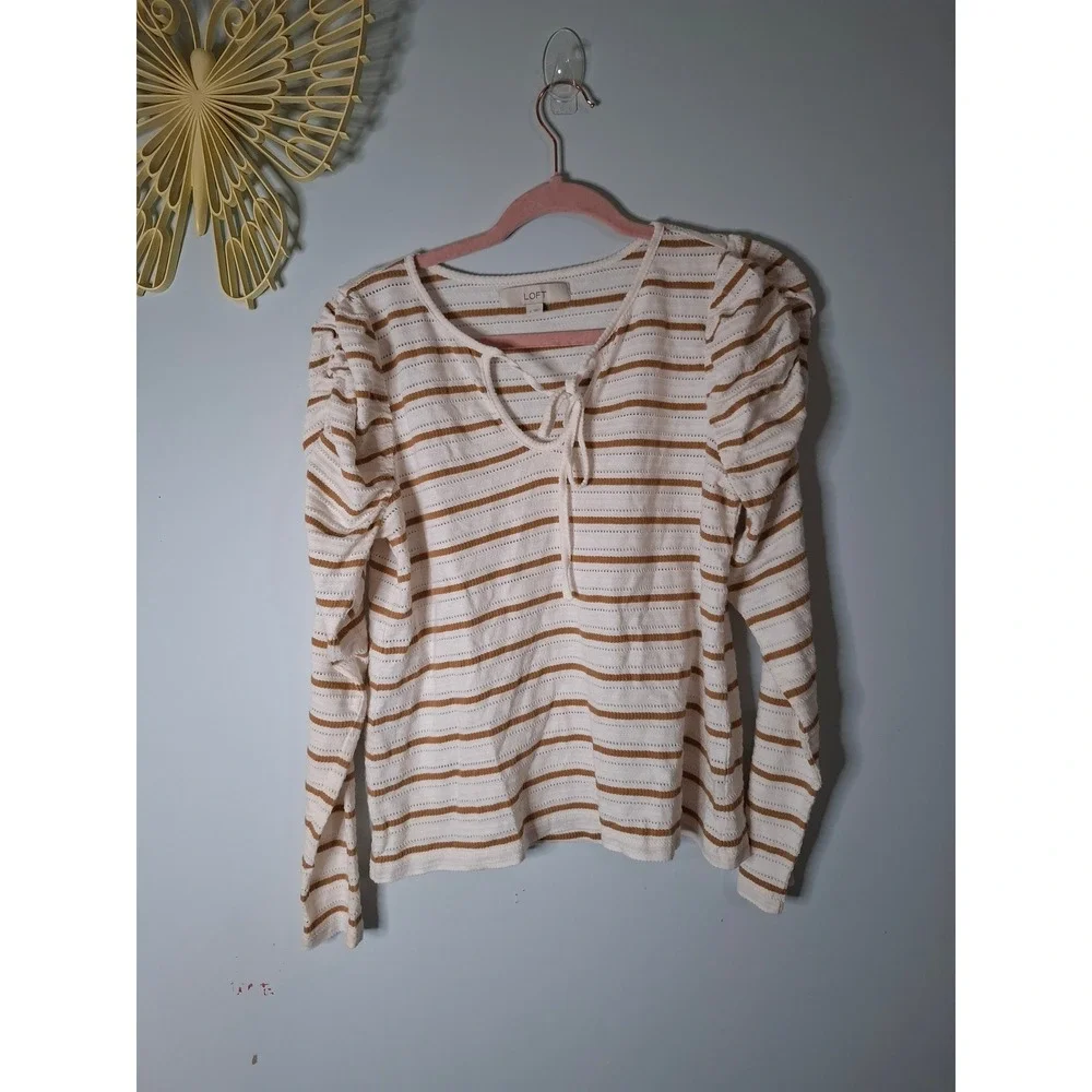 LOFT Striped Puff Sleeve Tie Front Cotton Pointelle Top White Tan Small